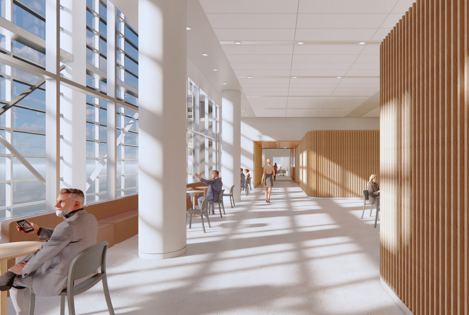  A rendering of people, sitting in chairs, in a lobby.